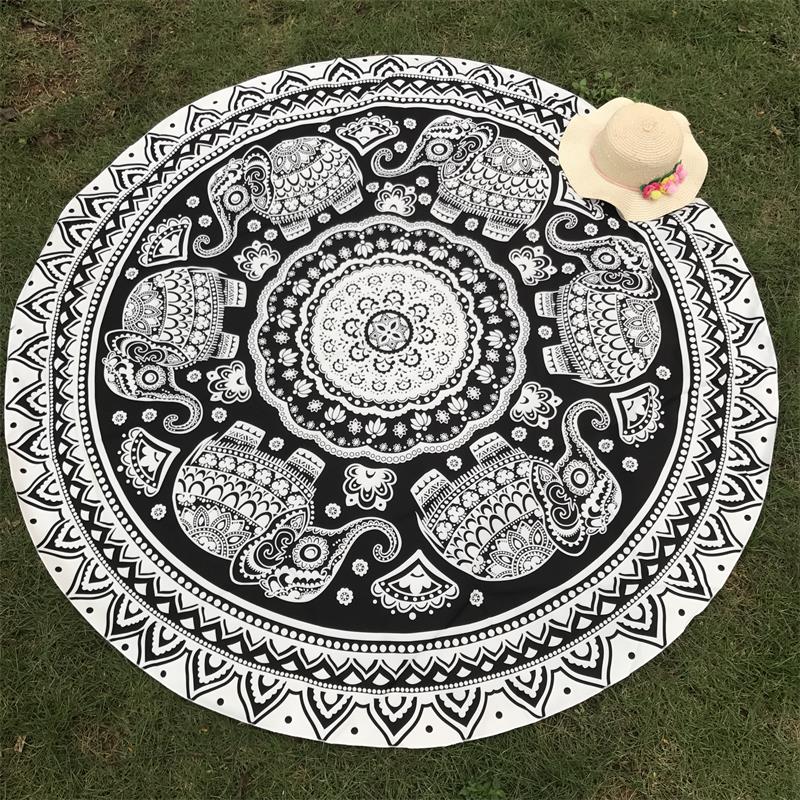 Black & White Round Tapestry With Elephant Print