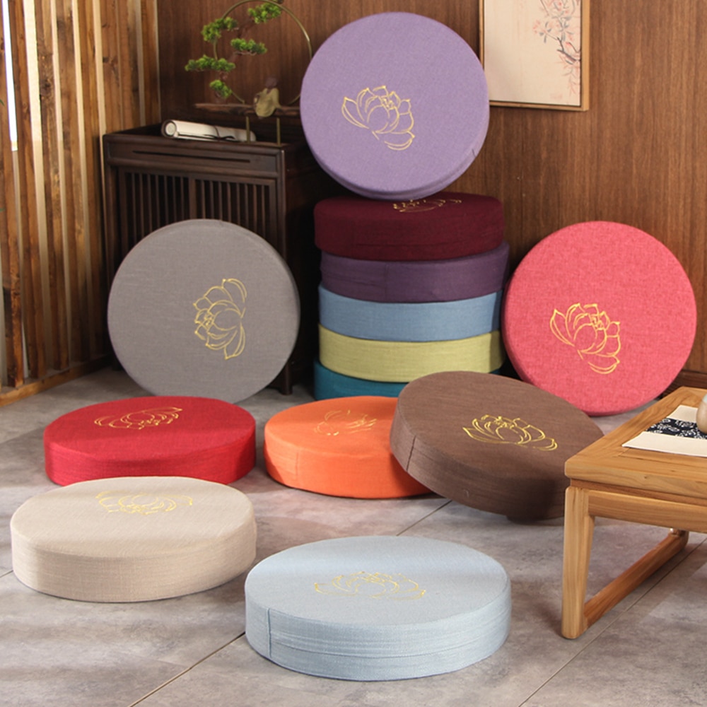 Lotus Patterned Round Linen Seat Cushion