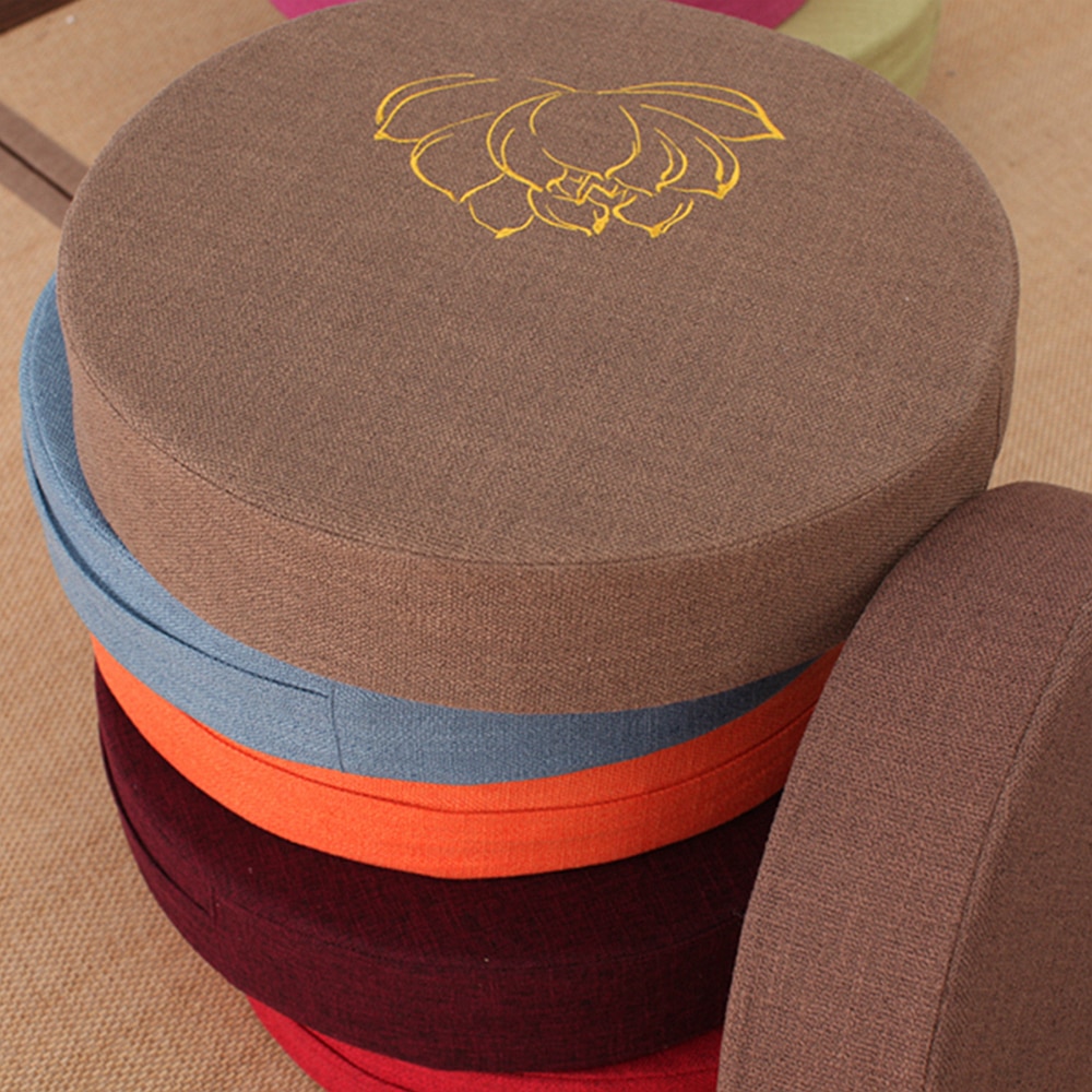 Lotus Patterned Round Linen Seat Cushion