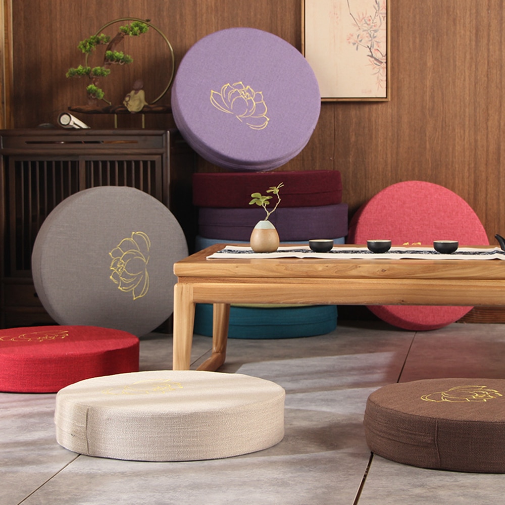 Lotus Patterned Round Linen Seat Cushion