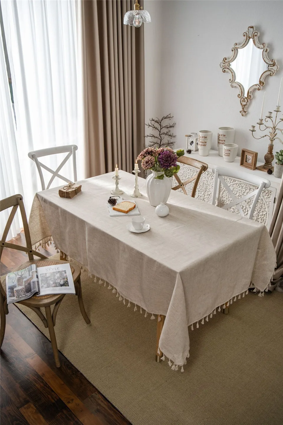 Solid Color Tablecloth with Tassels