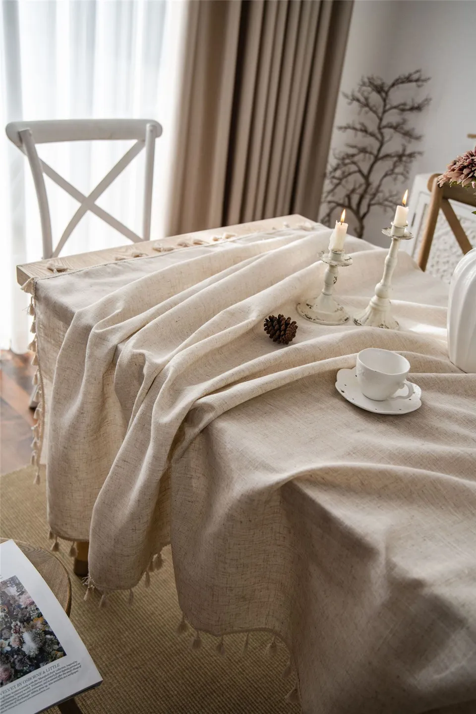 Solid Color Tablecloth with Tassels