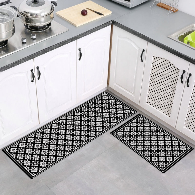 Monochrome Geometric Pattern Kitchen Mat