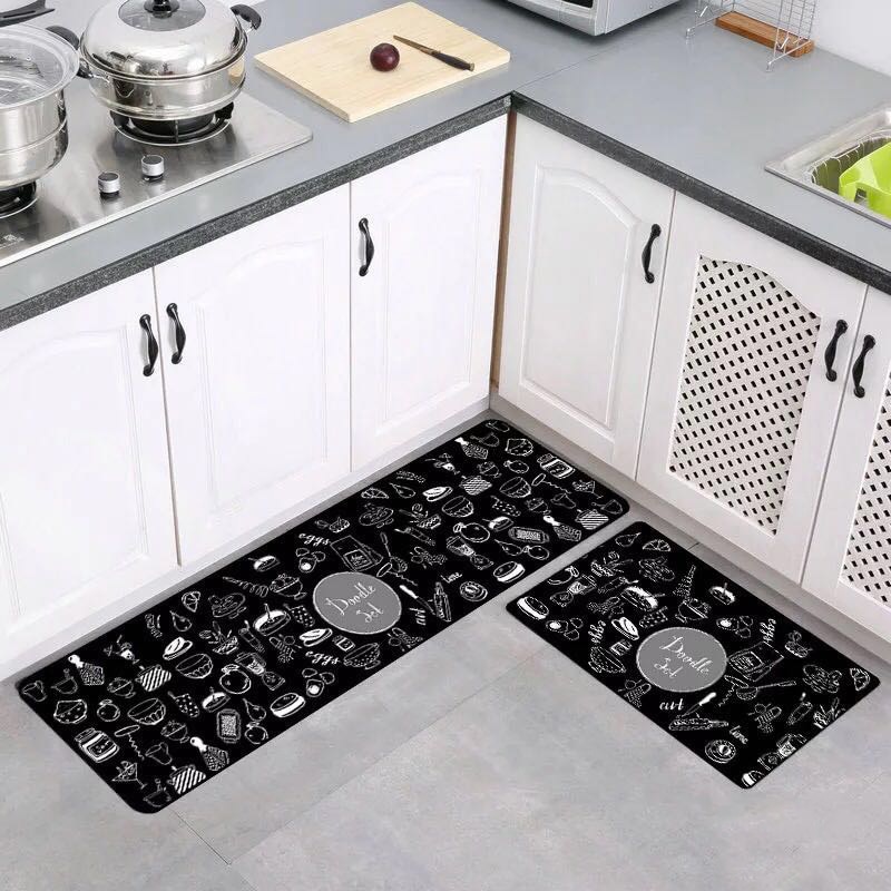 Monochrome Geometric Pattern Kitchen Mat