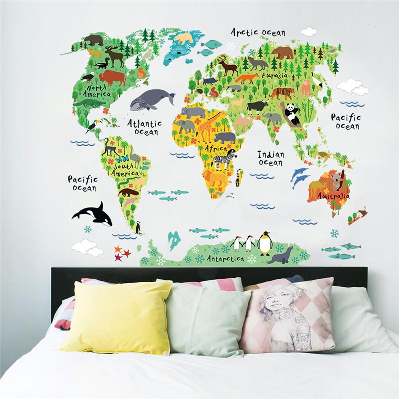 Cartoon Animals Style World Map Shaped Wall Stickers