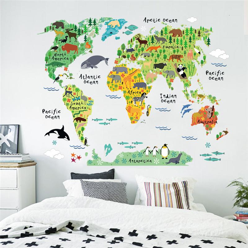 Cartoon Animals Style World Map Shaped Wall Stickers