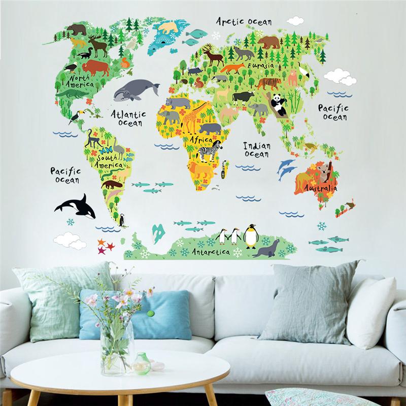 Cartoon Animals Style World Map Shaped Wall Stickers