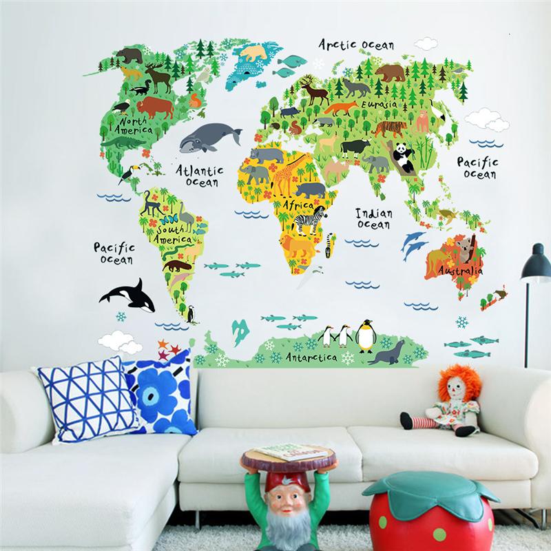 Cartoon Animals Style World Map Shaped Wall Stickers