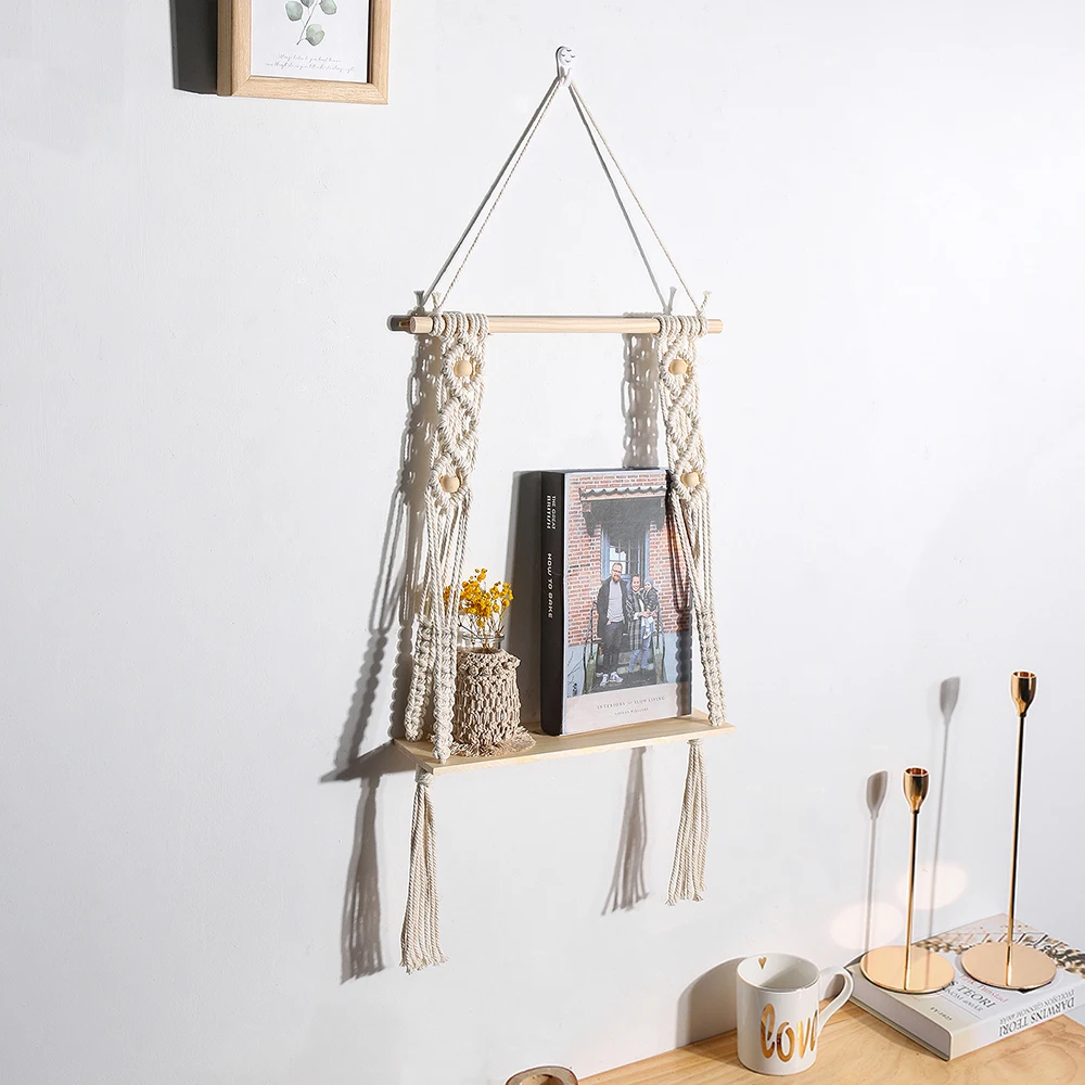 Hanging Macrame Wooden Shelf