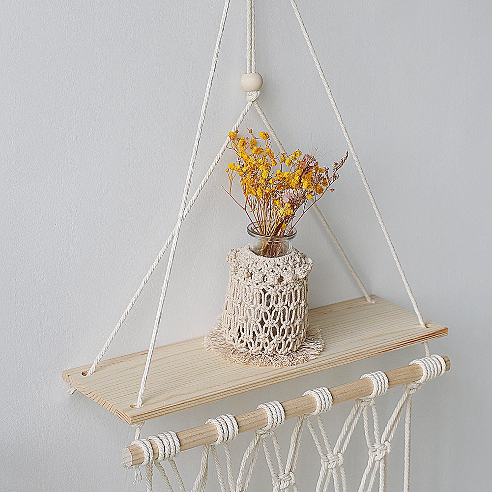 Hanging Macrame Wooden Shelf