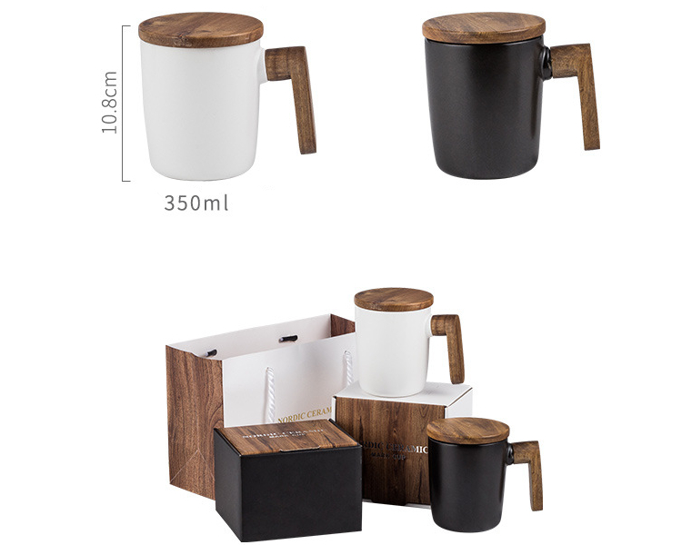 Ceramic Coffee Mug with Wooden Handle and Cover