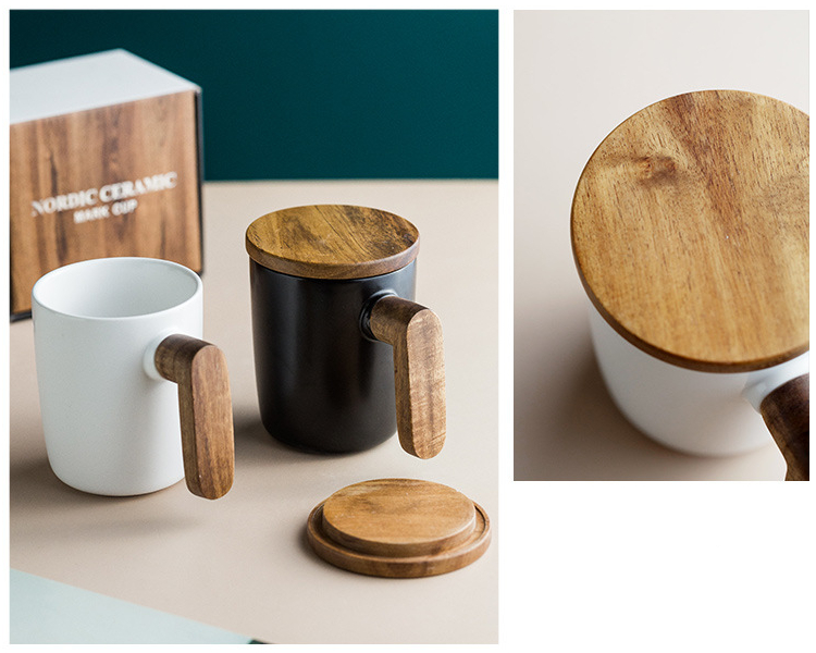 Ceramic Coffee Mug with Wooden Handle and Cover