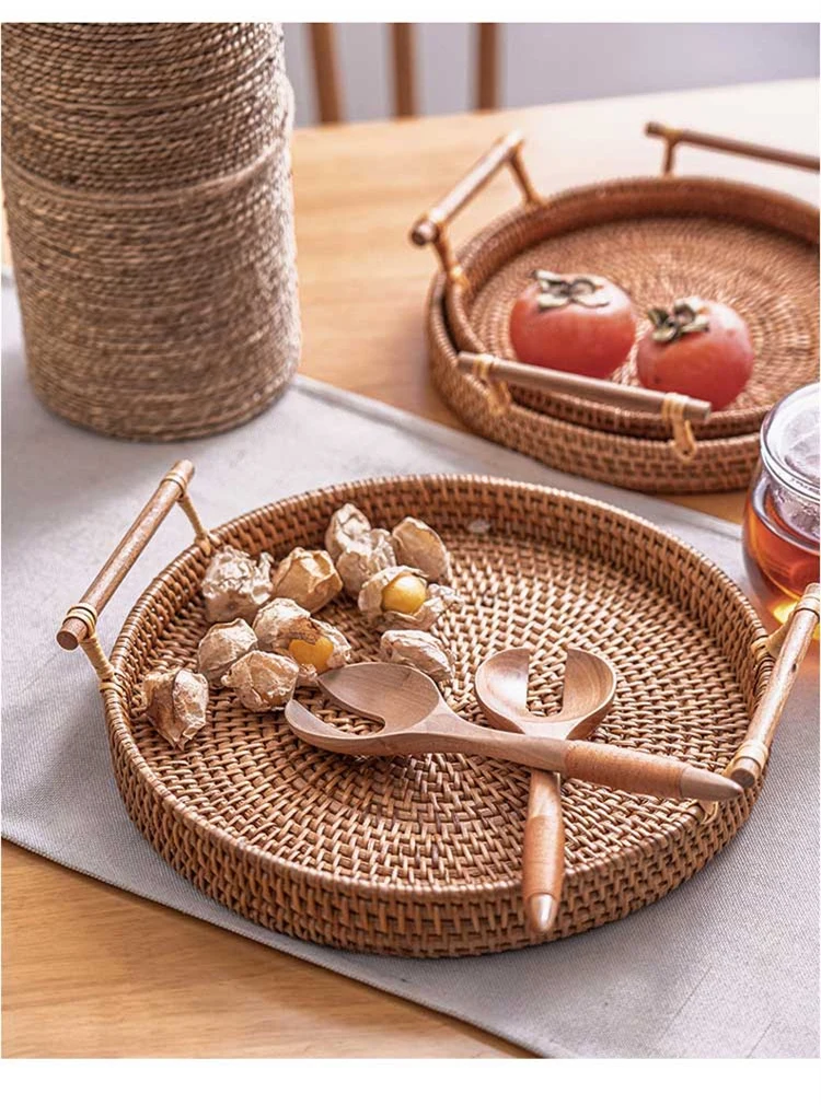 Woven Rattan Tray with Wooden Handles