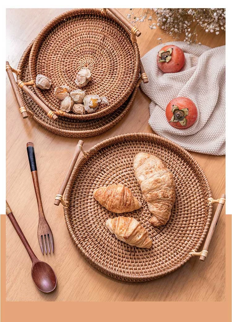 Woven Rattan Tray with Wooden Handles