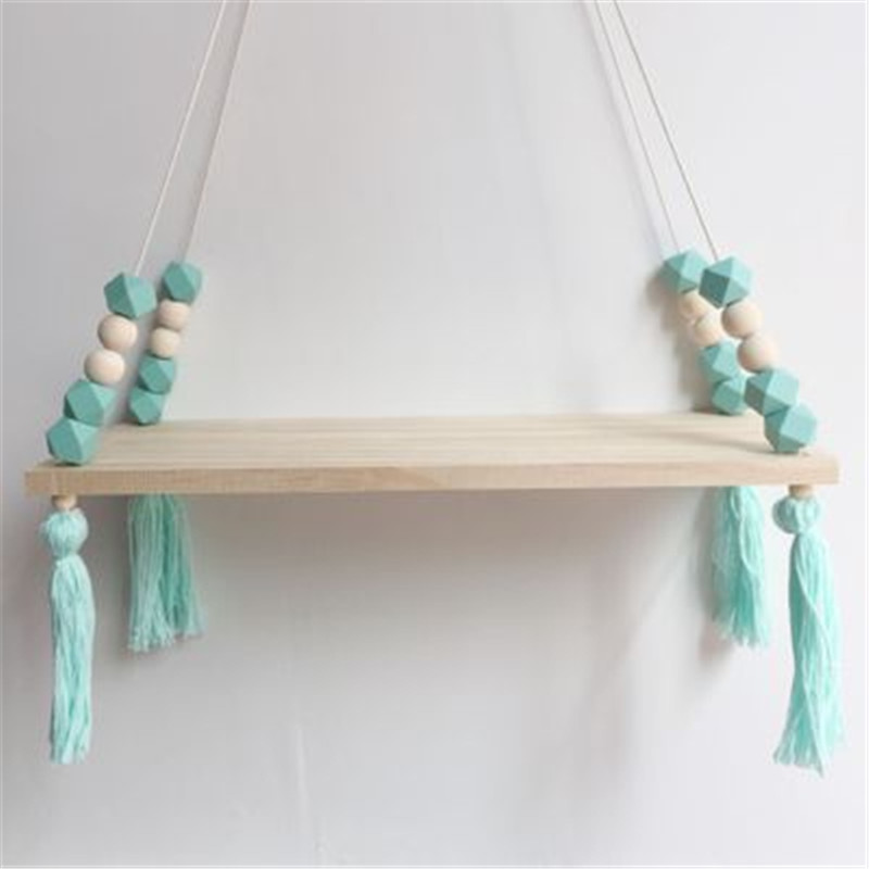 Nordic Style Beaded Wood Wall Shelf with Tassel Decoration