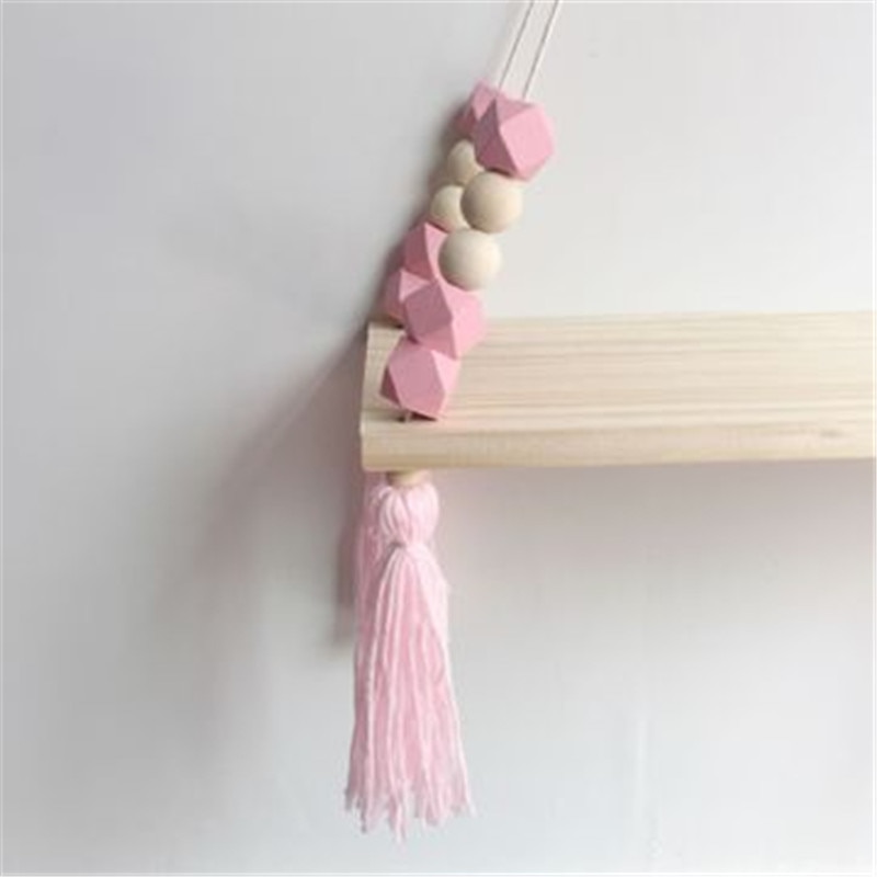 Nordic Style Beaded Wood Wall Shelf with Tassel Decoration