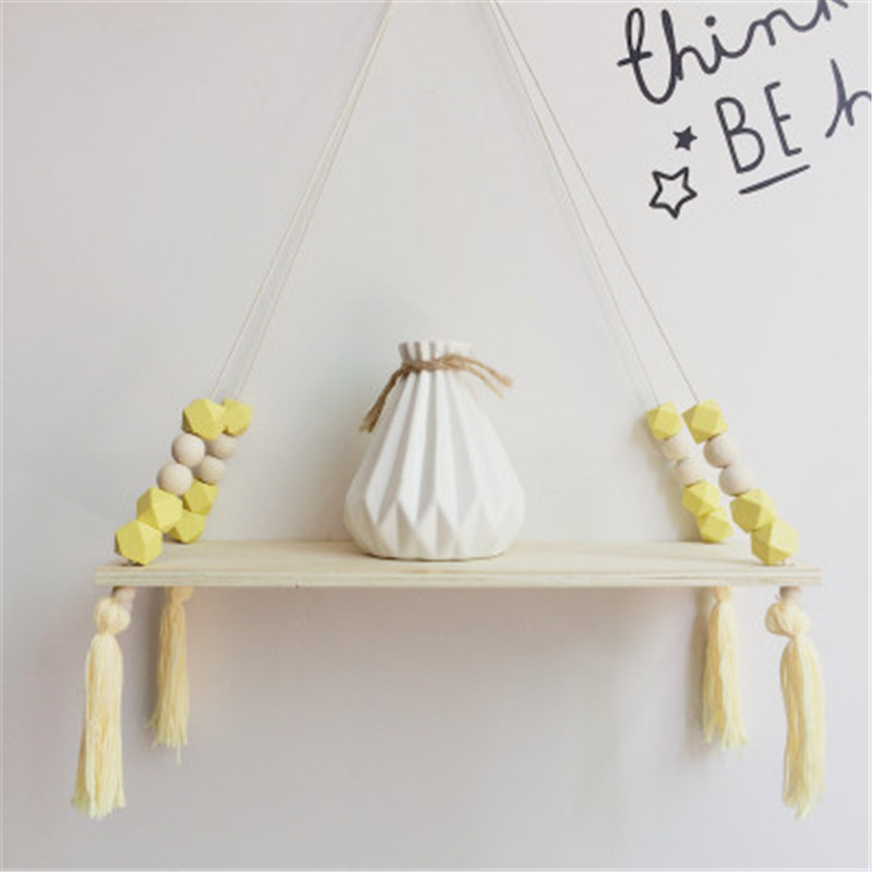 Nordic Style Beaded Wood Wall Shelf with Tassel Decoration