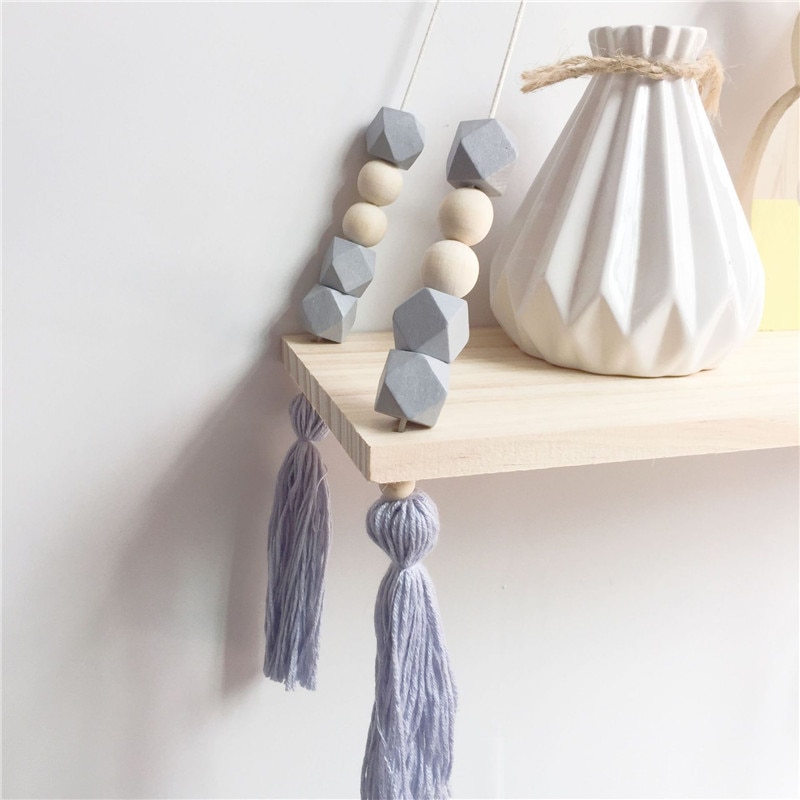 Nordic Style Beaded Wood Wall Shelf with Tassel Decoration