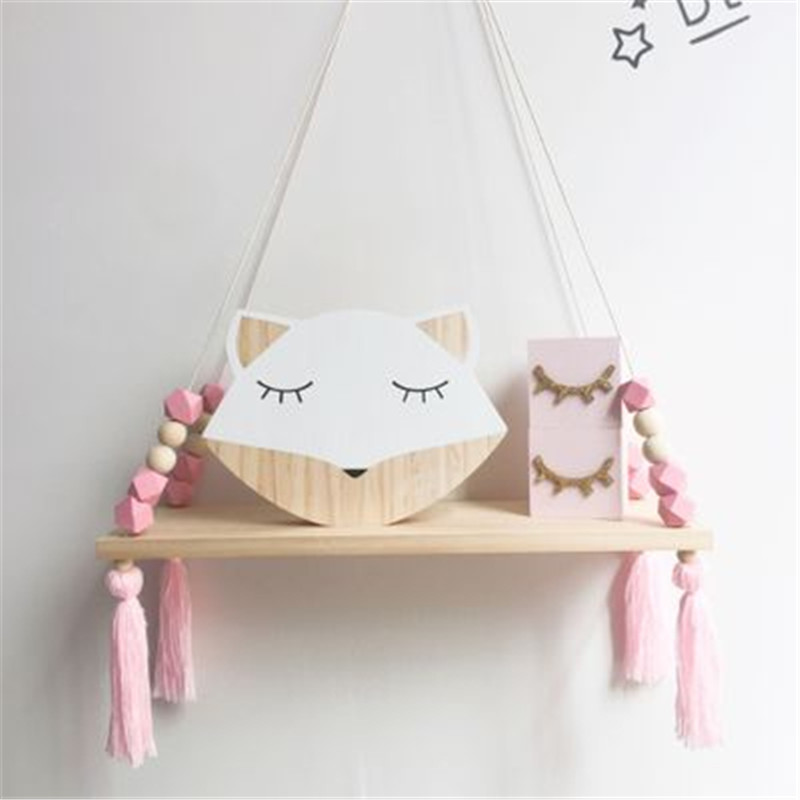 Nordic Style Beaded Wood Wall Shelf with Tassel Decoration