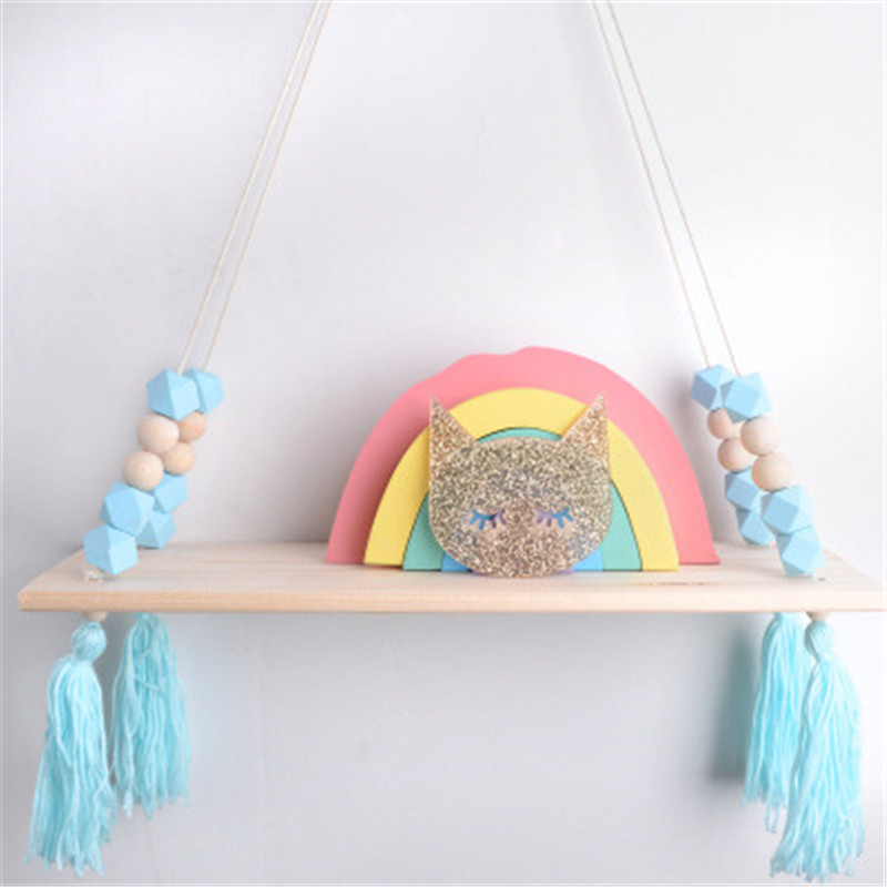 Nordic Style Beaded Wood Wall Shelf with Tassel Decoration