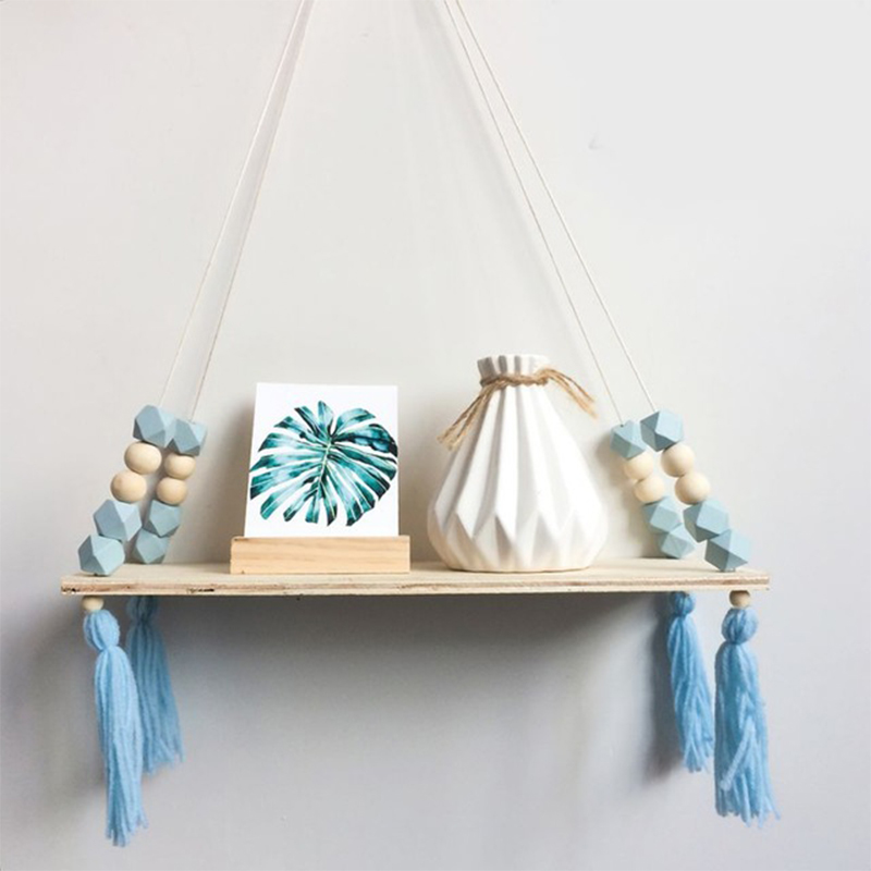 Nordic Style Beaded Wood Wall Shelf with Tassel Decoration