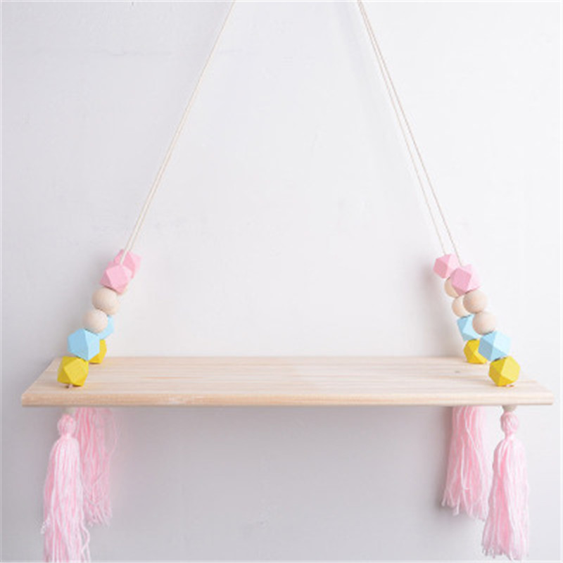 Nordic Style Beaded Wood Wall Shelf with Tassel Decoration