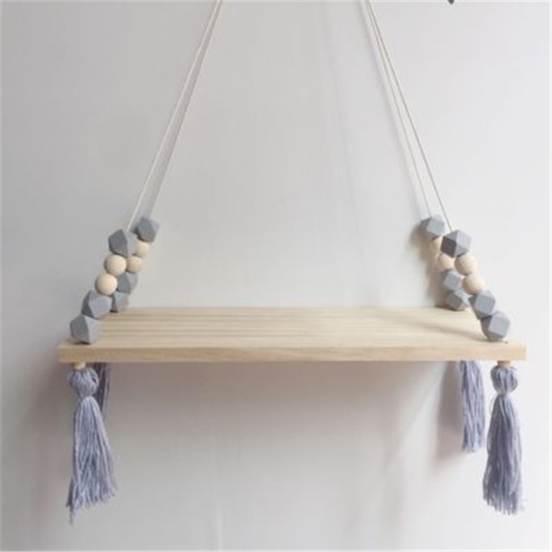 Nordic Style Beaded Wood Wall Shelf with Tassel Decoration