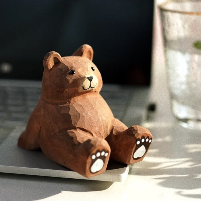 Handmade Wood Carving Bear Phone Holder