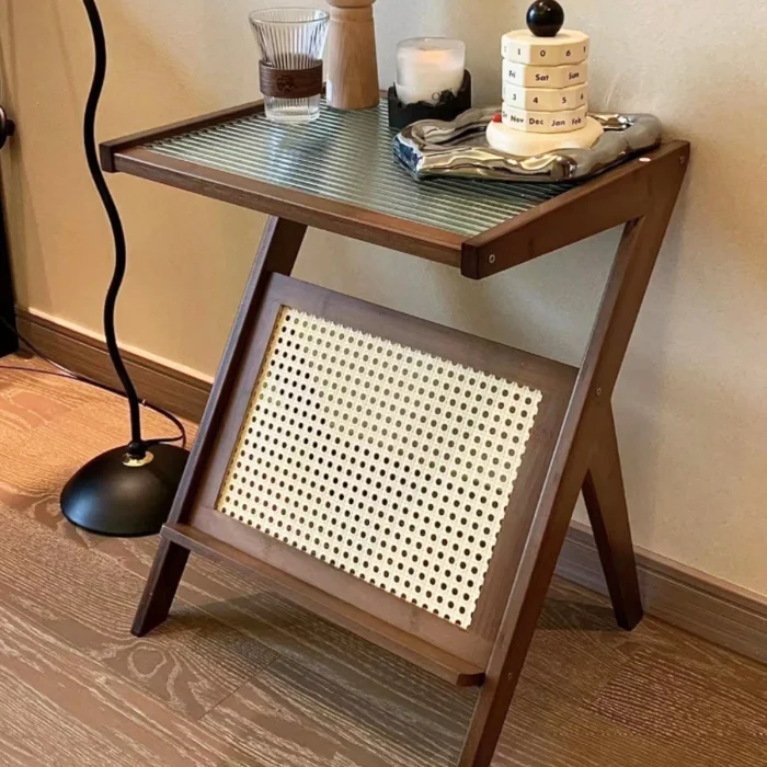 Rattan & Bamboo Nightstand with Glass Top